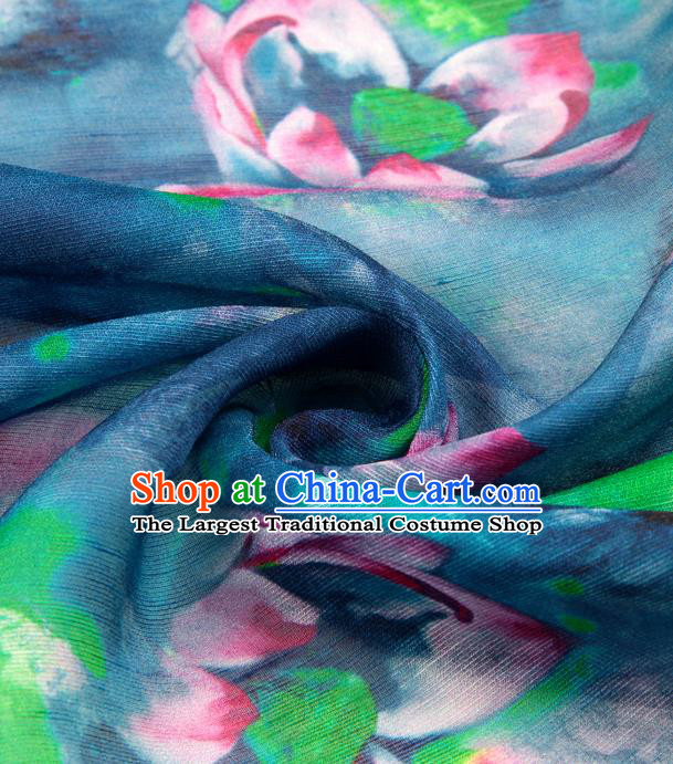 Chinese Traditional Classical Lotus Pattern Blue Brocade Damask Asian Satin Drapery Silk Fabric