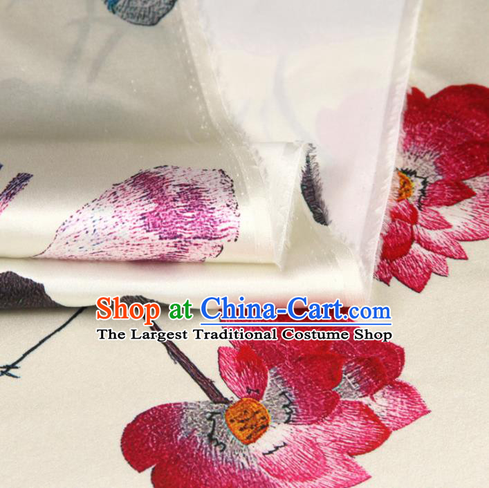 Chinese Traditional Classical Lotus Pattern White Brocade Damask Asian Satin Drapery Silk Fabric