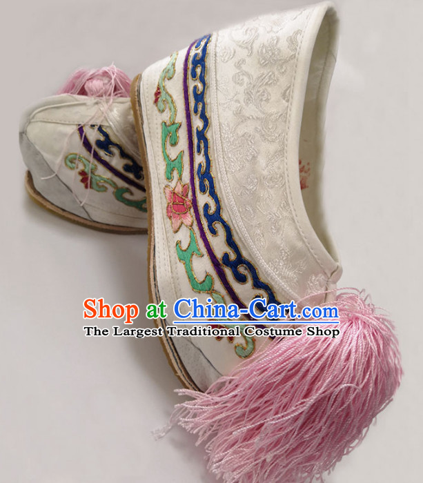Chinese Traditional Beijing Opera Diva Shoes Ancient Princess White Embroidered Shoes for Women