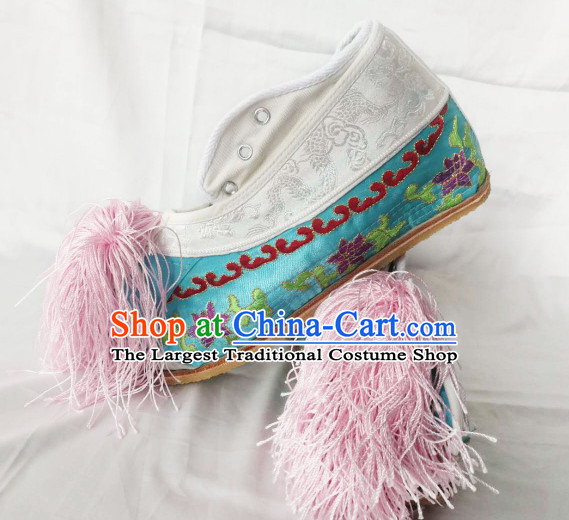 Chinese Traditional Beijing Opera Diva Shoes Ancient Princess Blue Embroidered Shoes for Women