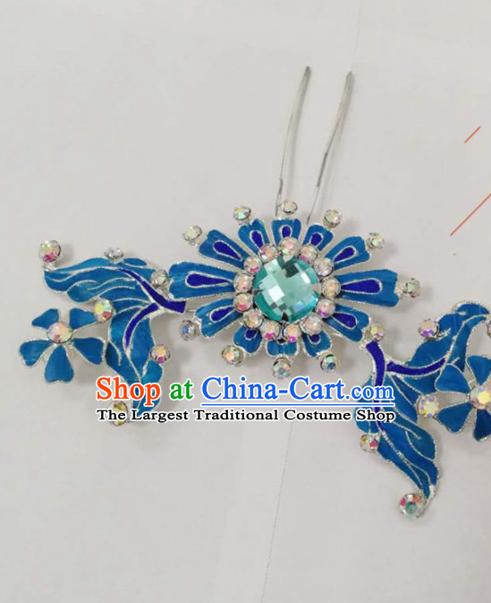 Chinese Traditional Beijing Opera Diva Hair Accessories Ancient Queen Blue Flower Hairpins for Women