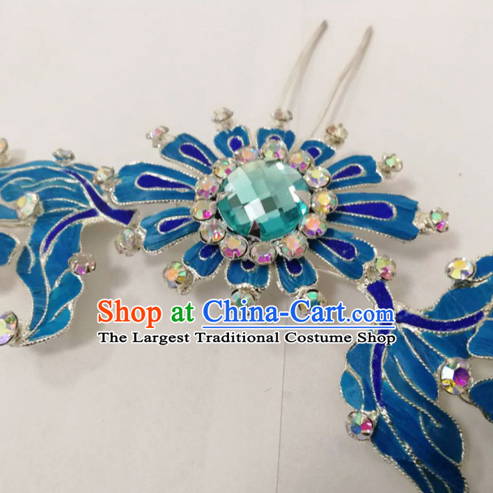 Chinese Traditional Beijing Opera Diva Hair Accessories Ancient Queen Blue Flower Hairpins for Women