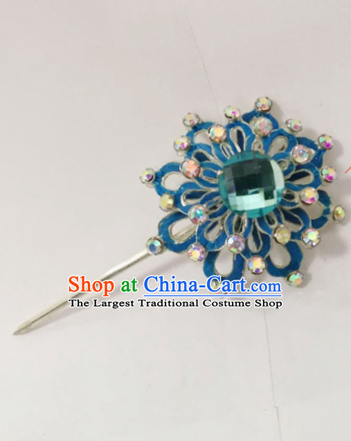 Chinese Traditional Beijing Opera Hair Accessories Ancient Queen Blue Crystal Flower Hairpins for Women