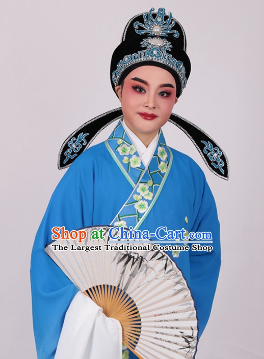 Chinese Traditional Beijing Opera Niche Embroidered Plum Blue Robe Ancient Number One Scholar Costume for Men