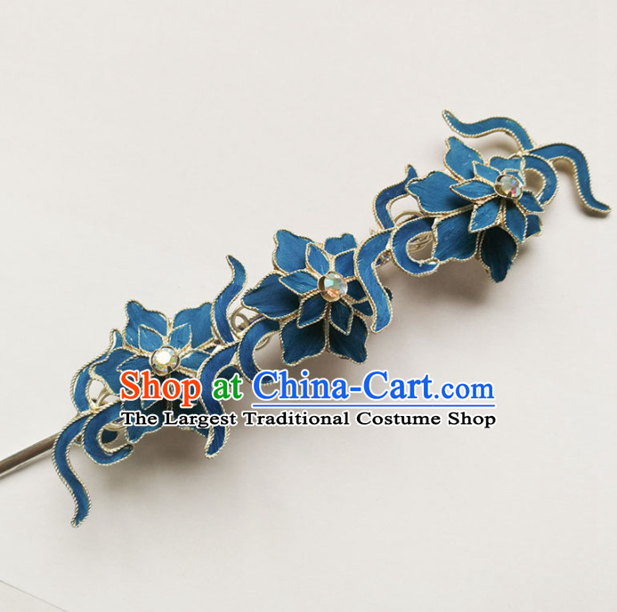 Chinese Ancient Queen Blue Flowers Hairpins Traditional Beijing Opera Diva Hair Accessories for Adults