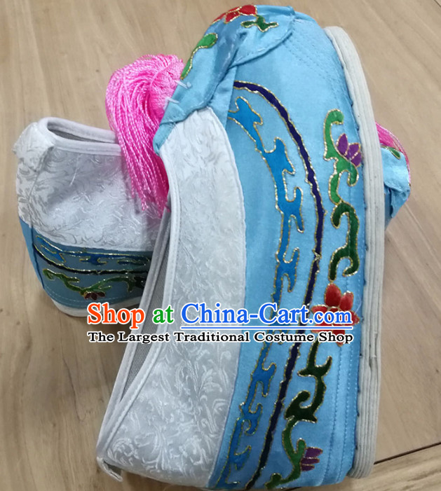 Chinese Traditional Beijing Opera Diva Blue Satin Shoes Ancient Princess Hanfu Embroidered Shoes for Adults