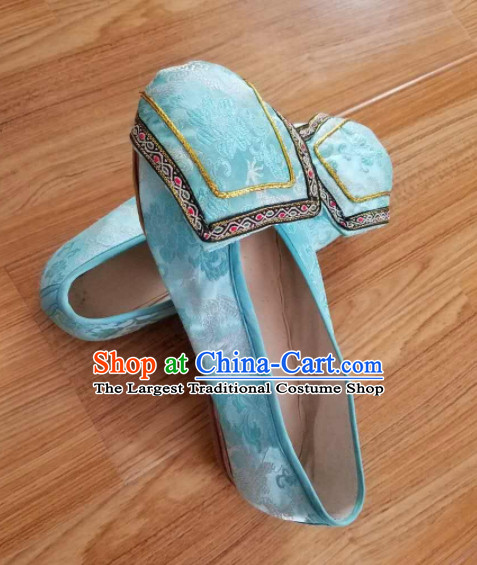 Chinese Ancient Princess Hanfu Embroidered Shoes Traditional Beijing Opera Diva Blue Satin Shoes for Adults