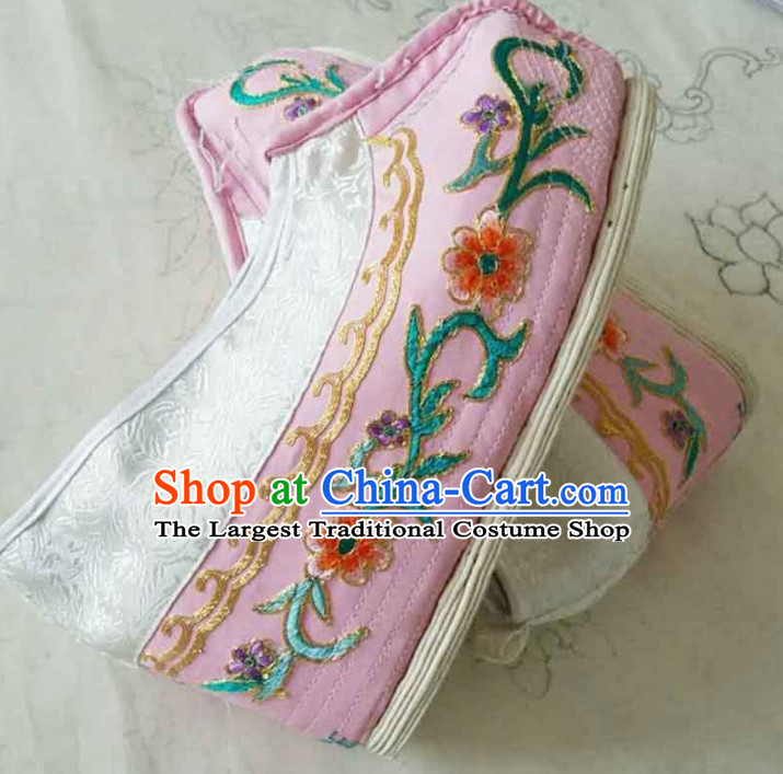 Chinese Ancient Princess Hanfu Embroidered Shoes Traditional Beijing Opera Diva Pink Blood Stained Shoes for Adults
