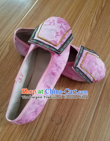 Chinese Ancient Princess Hanfu Embroidered Shoes Traditional Beijing Opera Diva Pink Satin Shoes for Adults