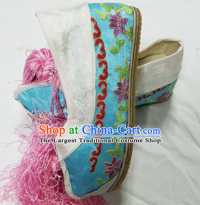 Chinese Ancient Court Princess Hanfu Light Blue Blood Stained Shoes Traditional Beijing Opera Diva Embroidered Shoes for Adults