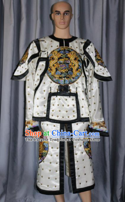 Chinese Traditional White Costume Ancient Qing Dynasty Manchu General Helmet and Body Armour for Men