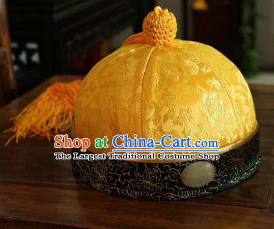 Chinese Ancient Drama Emperor Yellow Hat Traditional Qing Dynasty Manchu Headwear for Men