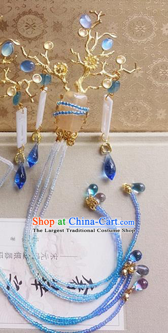 Chinese Ancient Princess Blue Beads Tassel Hair Claws Hairpins Traditional Hanfu Palace Hair Accessories for Women