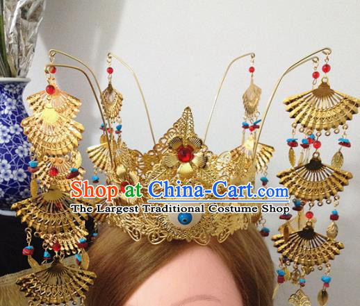 Chinese Ancient Princess Golden Phoenix Coronet Hairpins Traditional Hanfu Palace Hair Accessories for Women
