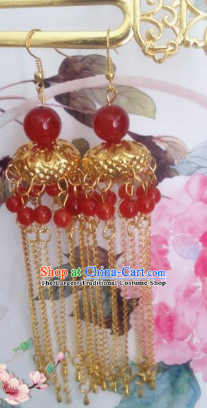 Chinese Ancient Princess Red Beads Tassel Earrings Traditional Hanfu Palace Jewelry Accessories for Women