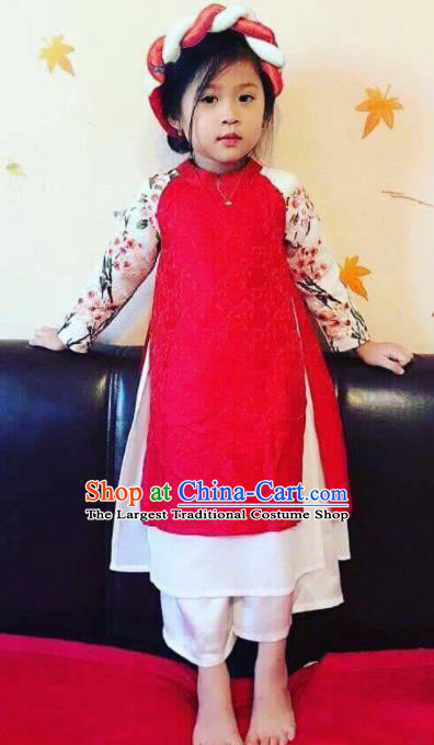 Asian Vietnam Traditional Red Dress Vietnamese National Classical Ao Dai Cheongsam for Kids