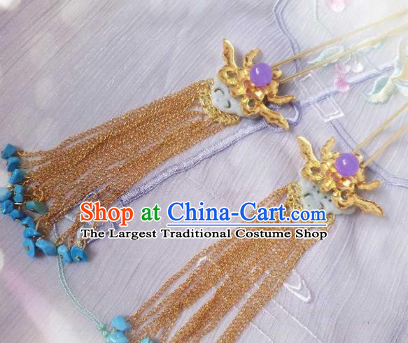 Chinese Ancient Palace Princess Golden Tassel Hairpins Traditional Hanfu Hair Accessories for Women