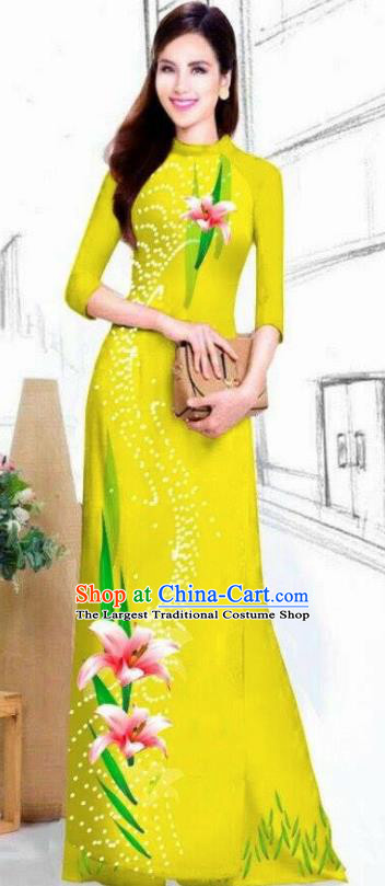 Asian Vietnam Traditional Bride Printing Lily Flowers Yellow Dress Vietnamese National Classical Ao Dai Cheongsam for Women