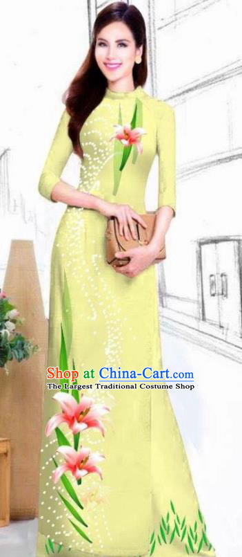 Asian Vietnam Traditional Bride Printing Lily Flowers Light Yellow Dress Vietnamese National Classical Ao Dai Cheongsam for Women