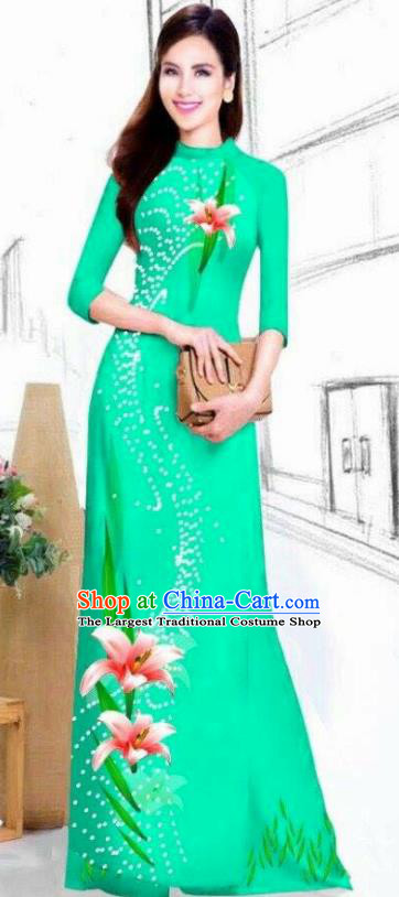 Asian Vietnam Traditional Bride Printing Lily Flowers Light Green Dress Vietnamese National Classical Ao Dai Cheongsam for Women