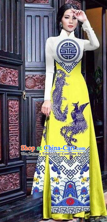 Asian Vietnam Traditional Bride Printing Phoenix Bright Yellow Dress Vietnamese National Classical Ao Dai Cheongsam for Women