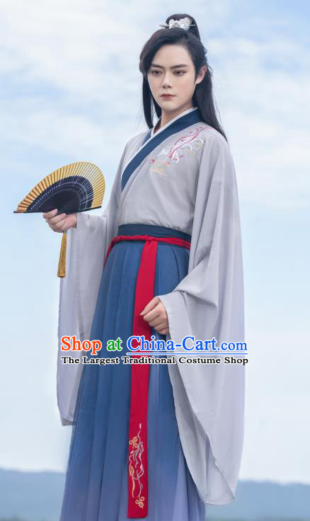 Chinese Traditional Scholar Swordsman Hanfu Clothing Ancient Jin Dynasty Nobility Childe Embroidered Historical Costume for Men
