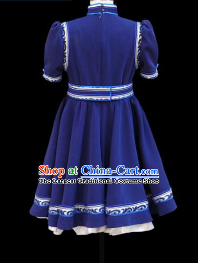 Traditional Chinese Mongol Ethnic Navy Short Dress Mongolian Minority Folk Dance Clothing for Kids
