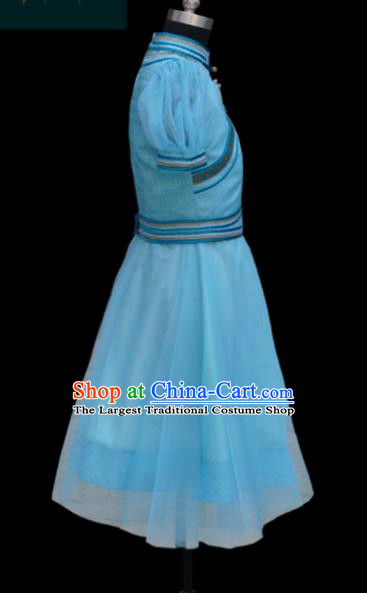 Traditional Chinese Mongol Ethnic Light Blue Dress Mongolian Minority Folk Dance Clothing for Kids
