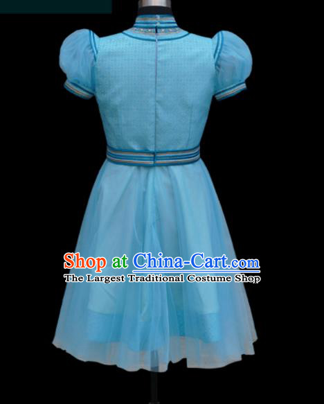 Traditional Chinese Mongol Ethnic Light Blue Dress Mongolian Minority Folk Dance Clothing for Kids