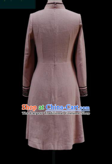 Traditional Chinese Mongol Ethnic Pink Dress Mongolian Minority Folk Dance Embroidered Costume for Women