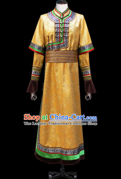 Chinese Traditional Mongol Ethnic National Golden Brocade Robe Mongolian Minority Folk Dance Costume for Men