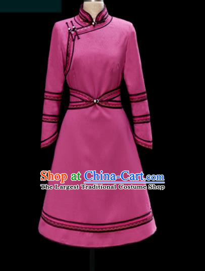 Traditional Chinese Mongol Ethnic Pink Dress Mongolian Minority Folk Dance Embroidered Costume for Women