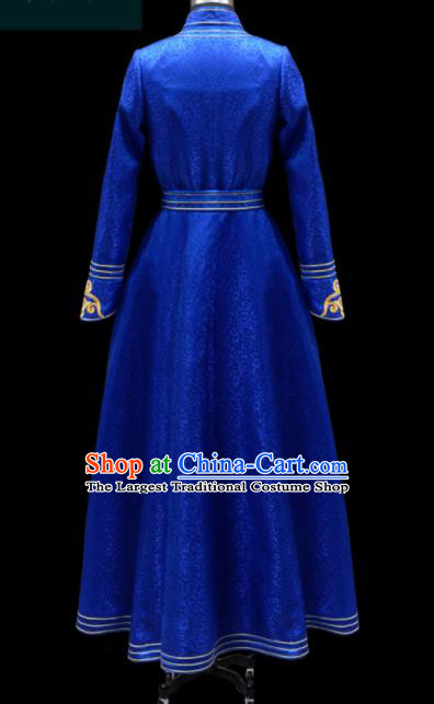Traditional Chinese Mongol Ethnic Royalblue Dress Mongolian Minority Folk Dance Embroidered Costume for Women