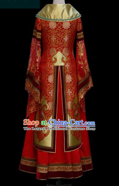 Traditional Chinese Mongol Ethnic Bride Red Dress Mongolian Minority Folk Dance Embroidered Costume for Women