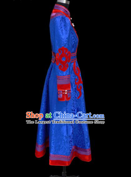 Traditional Chinese Mongol Ethnic National Royalblue Brocade Dress Mongolian Minority Folk Dance Costume for Women