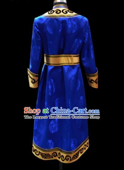 Chinese Traditional Mongol Ethnic National Royalblue Brocade Robe Mongolian Minority Folk Dance Costume for Men