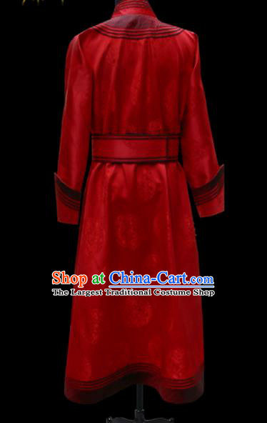 Chinese Traditional Mongol Ethnic National Red Brocade Robe Mongolian Minority Folk Dance Costume for Men