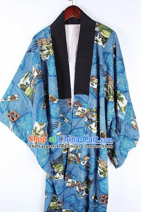 Japanese Traditional Printing Fans Blue Kimono Asian Japan National Costume for Men