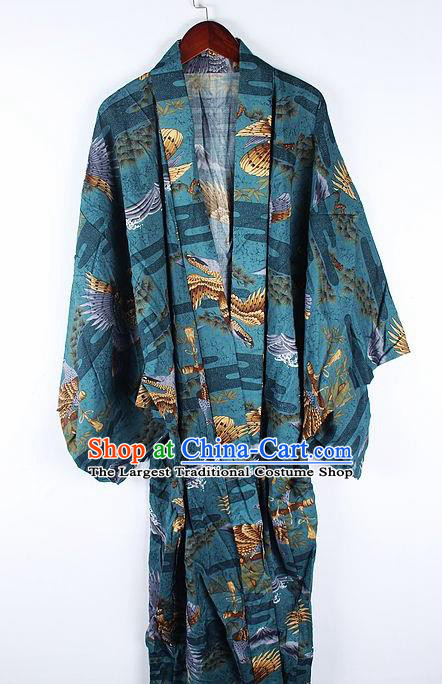 Japanese Traditional Printing Eagle Green Kimono Asian Japan National Yukata Costume for Men