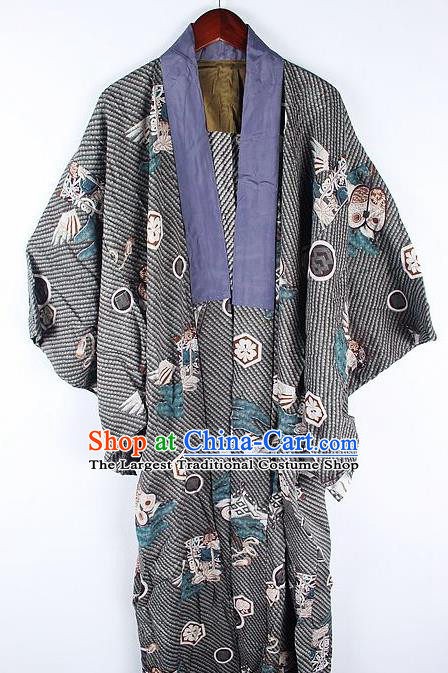 Japanese Traditional Printing Sakura Grey Kimono Asian Japan National Yukata Costume for Men