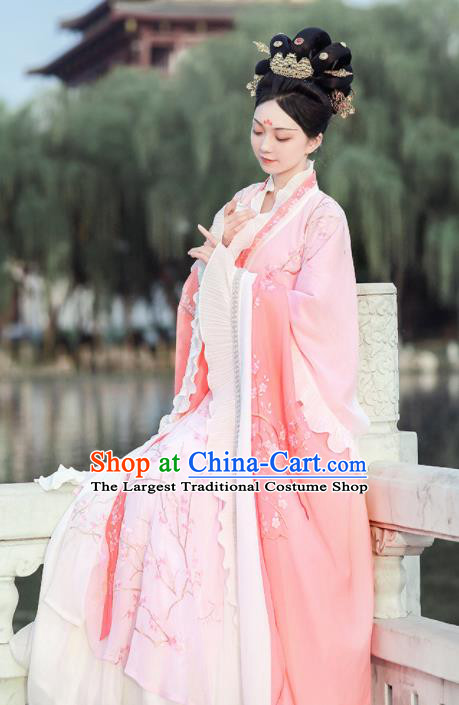Ancient Chinese Jin Dynasty Court Princess Replica Costume Traditional Mythology Peri Pink Embroidered Hanfu Dress for Women