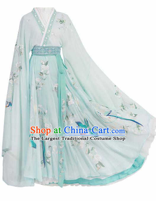 Ancient Chinese Jin Dynasty Embroidered Replica Costume Traditional Imperial Consort Goddess Green Hanfu Dress for Women