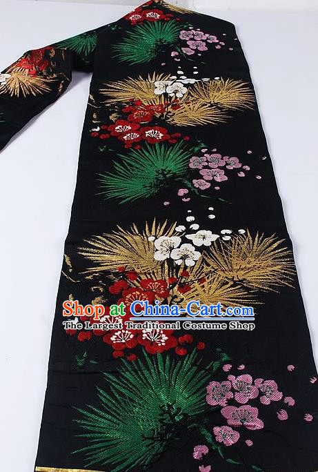 Japanese Ceremony Kimono Classical Plum Pine Pattern Design Black Brocade Belt Asian Japan Traditional Yukata Waistband for Women