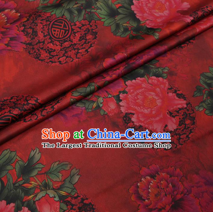 Traditional Chinese Red Gambiered Guangdong Gauze Silk Fabric Classical Peony Pattern Design Brocade Fabric Asian Satin Material