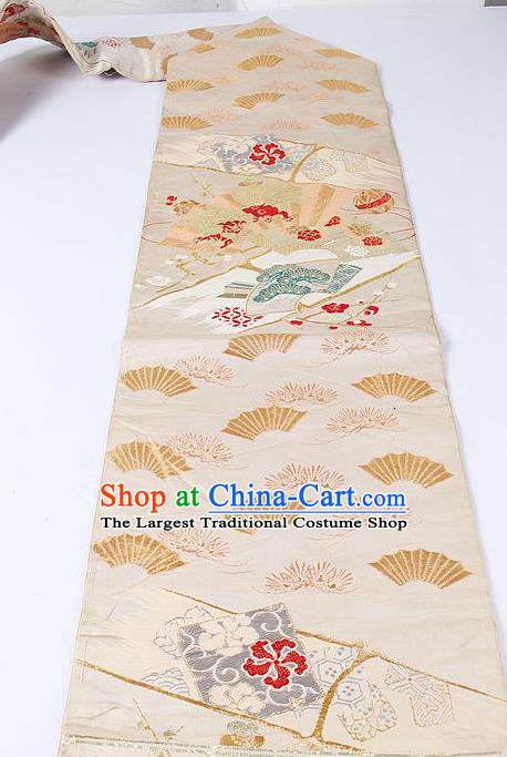 Japanese National Kimono Classical Pine Fan Pattern Design Beige Brocade Belt Asian Japan Traditional Yukata Waistband for Women
