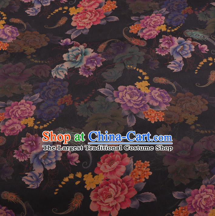 Traditional Chinese Black Gambiered Guangdong Gauze Classical Peony Pattern Design Silk Fabric