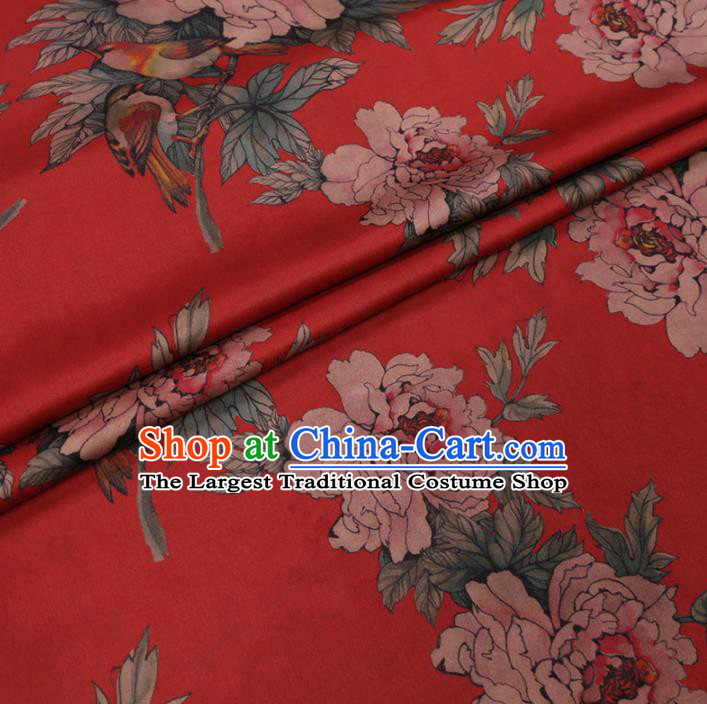 Traditional Chinese Classical Peony Pattern Design Red Gambiered Guangdong Gauze Asian Brocade Silk Fabric
