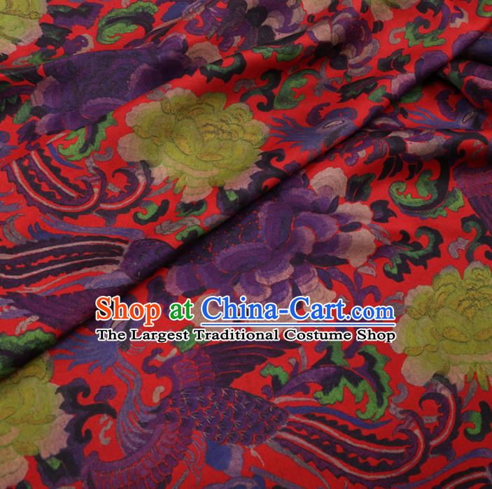 Traditional Chinese Classical Phoenix Peony Pattern Design Red Gambiered Guangdong Gauze Asian Brocade Silk Fabric