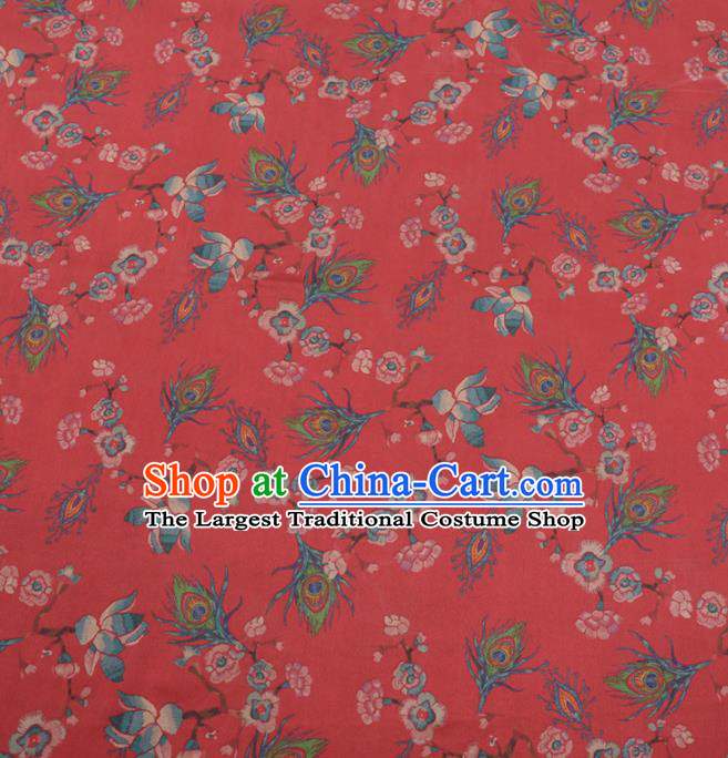 Traditional Chinese Classical Feather Pattern Design Red Gambiered Guangdong Gauze Asian Brocade Silk Fabric