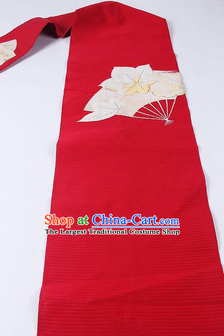 Japanese Ceremony Kimono Classical Maple Leaf Fan Pattern Wine Red Belt Asian Japan Traditional Yukata Waistband for Women
